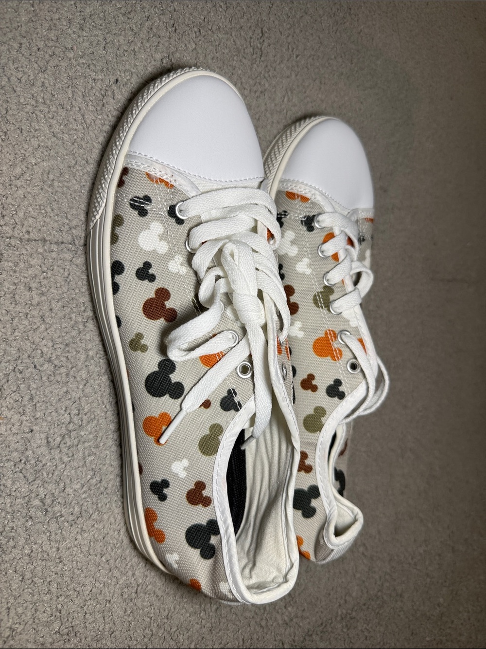 Unisex White Canvas Sneakers with Orange, Black & Olive Mickey Print